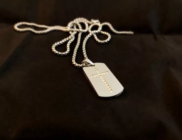 鑲鑽十字架軍牌項鍊-鋼