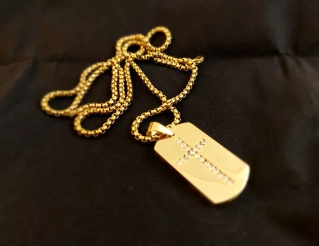 鑲鑽十字架軍牌項鍊-金