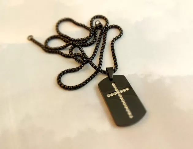 鑲鑽十字架軍牌項鍊-黑