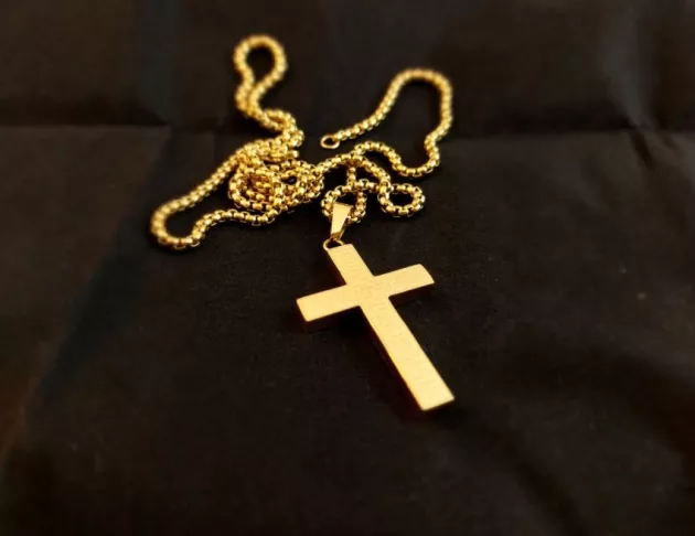 鈦鋼十字架經文項鍊(扣環)-金