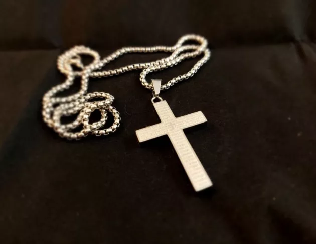 鈦鋼十字架經文項鍊(扣環)-鋼