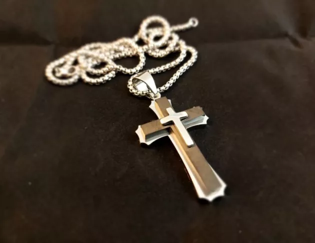 雙層十字架復古潮流鈦鋼項鍊-黑