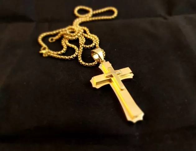 雙層十字架復古潮流鈦鋼項鍊-金