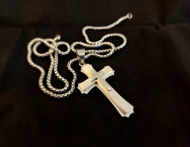 雙層十字架復古潮流鈦鋼項鍊-鋼