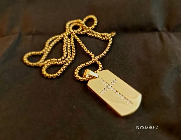 鑲鑽十字架軍牌項鍊-金